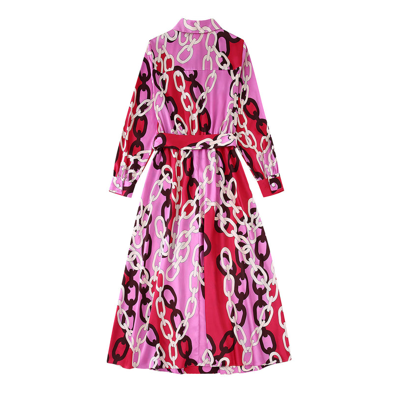 Women's Fall New Chain Print With Belted Shirt Dress
