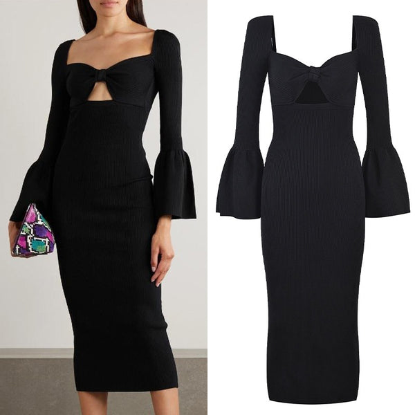 Open Back Flare Sleeve Wrap Hip Dress