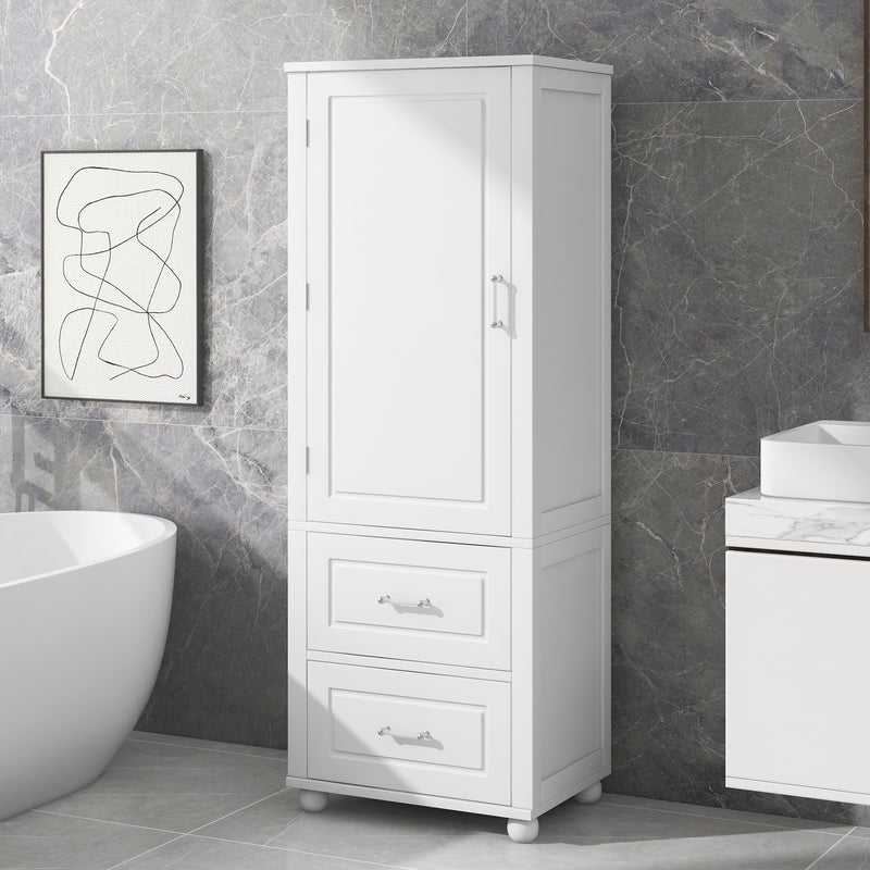 Tall Bathroom Storage Cabinet, Freestanding Storage Cabinet with Two Drawers and Adjustable Shelf, MDF Board  White