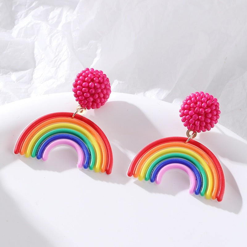 Rainbow Personalized Earrings, European and American Fashion Rice Bead Head, Niche Design Earrings