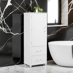 Tall Bathroom Storage Cabinet, Freestanding Storage Cabinet with Two Drawers and Adjustable Shelf, MDF Board  White