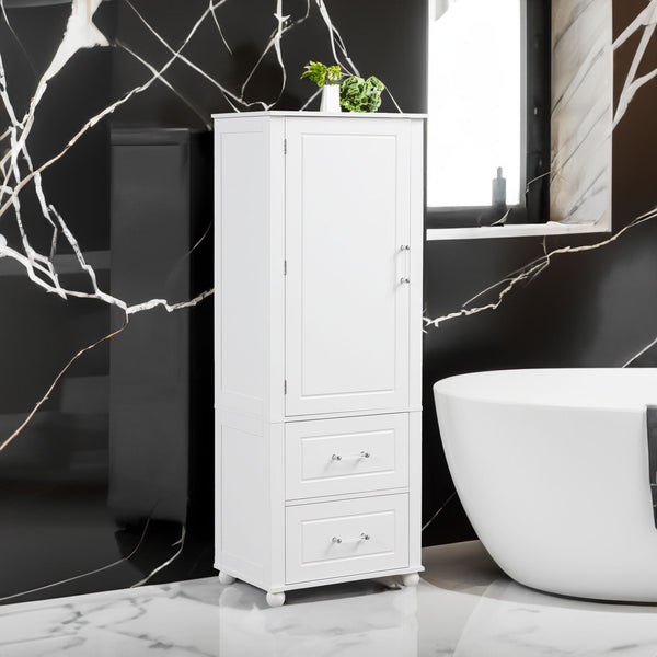 Tall Bathroom Storage Cabinet, Freestanding Storage Cabinet with Two Drawers and Adjustable Shelf, MDF Board  White