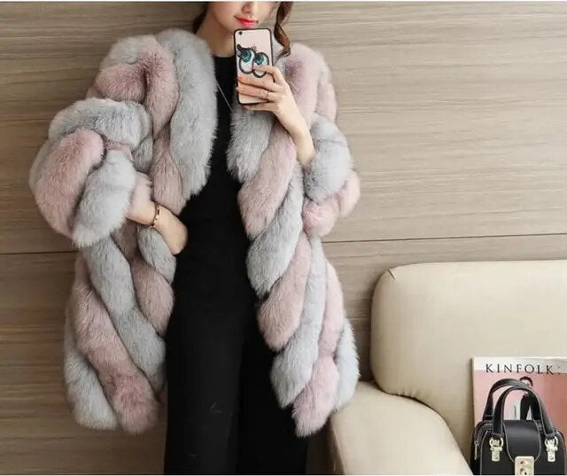 Lanxirui long winter faux fur coat with hood