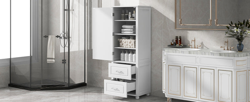 Tall Bathroom Storage Cabinet, Freestanding Storage Cabinet with Two Drawers and Adjustable Shelf, MDF Board  White
