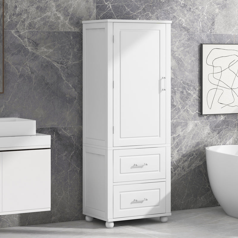 Tall Bathroom Storage Cabinet, Freestanding Storage Cabinet with Two Drawers and Adjustable Shelf, MDF Board  White
