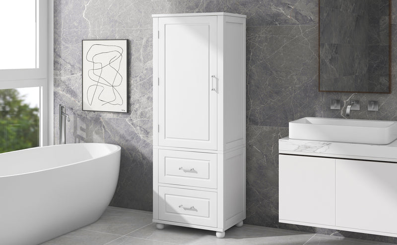 Tall Bathroom Storage Cabinet, Freestanding Storage Cabinet with Two Drawers and Adjustable Shelf, MDF Board  White