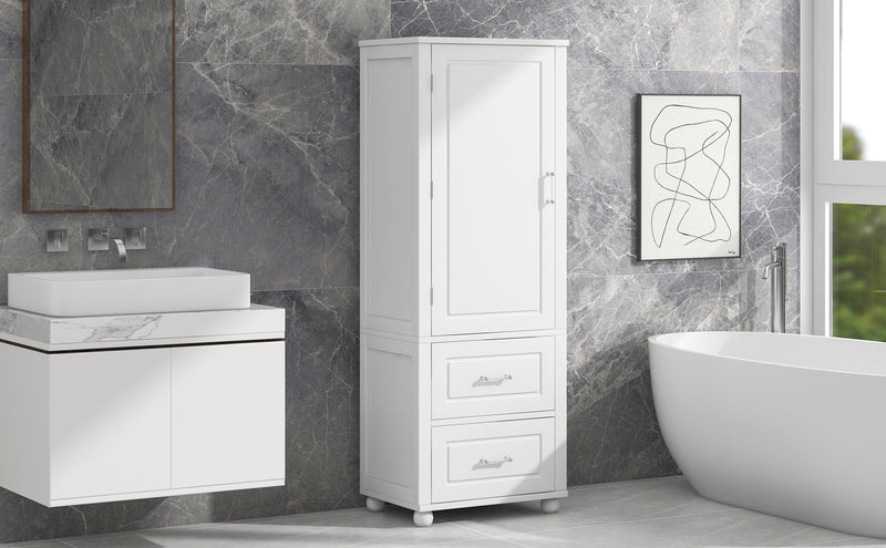 Tall Bathroom Storage Cabinet, Freestanding Storage Cabinet with Two Drawers and Adjustable Shelf, MDF Board  White