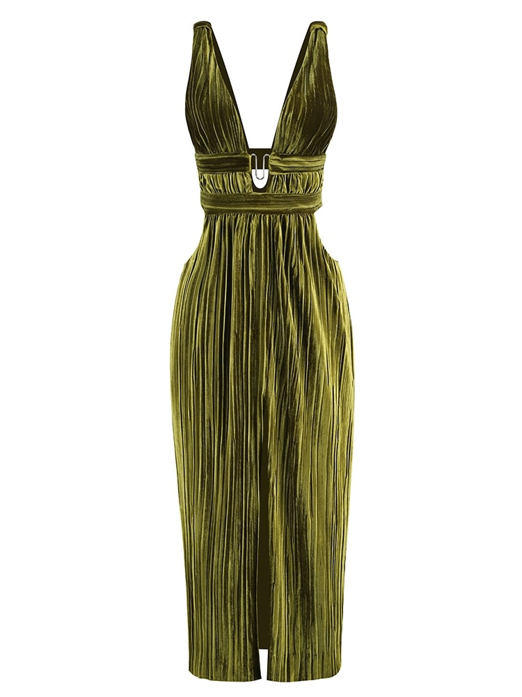 Sleeveless V Neck Hollow Out Long Dress