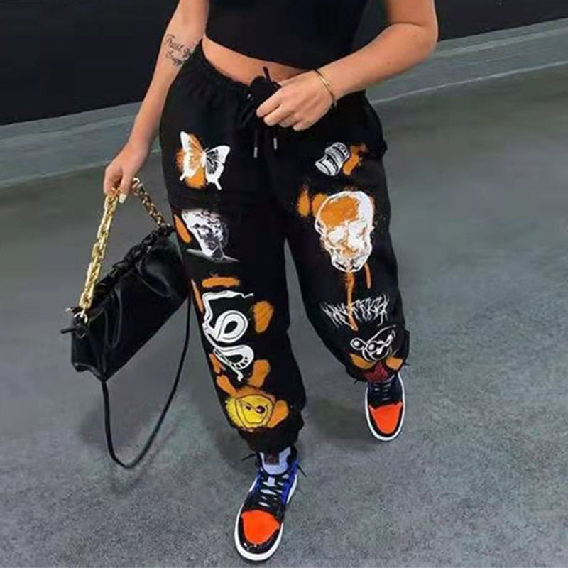 Women Sweat Pant Harajuku Cartoon Printed Trousers Jogger Drawstring Cargo Pant Streetwear Casual Sweatpant Autumn