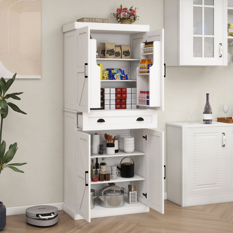 71" Kitchen Pantry Storage Cabinet with 4 Doors(2Doors with Racks)1 Drawer 2 Adjustable Shelves Freestanding Cupboard
