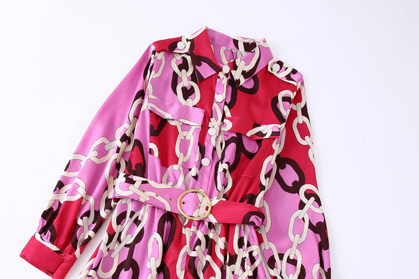 Women's Fall New Chain Print With Belted Shirt Dress