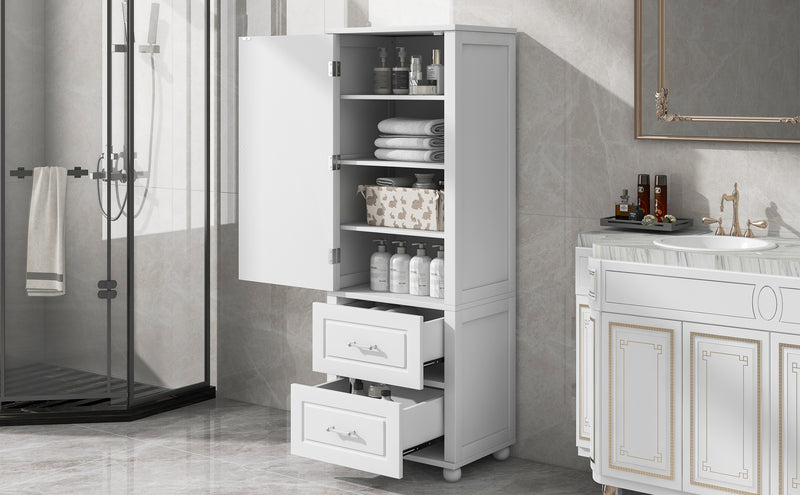 Tall Bathroom Storage Cabinet, Freestanding Storage Cabinet with Two Drawers and Adjustable Shelf, MDF Board  White