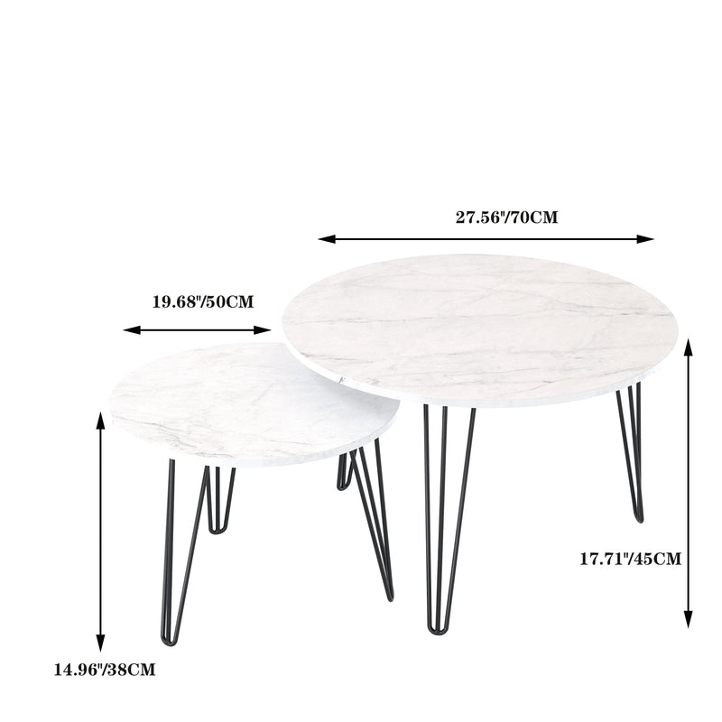 27.56'' Round Nesting Coffee Table Set of 2, Circular Nesting End Table Set Sturdy Metal Base for Living Room, bedroom, White