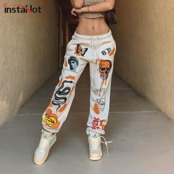 Women Sweat Pant Harajuku Cartoon Printed Trousers Jogger Drawstring Cargo Pant Streetwear Casual Sweatpant Autumn