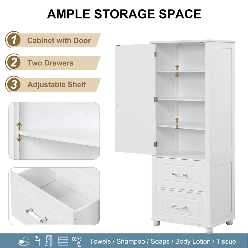 Tall Bathroom Storage Cabinet, Freestanding Storage Cabinet with Two Drawers and Adjustable Shelf, MDF Board  White