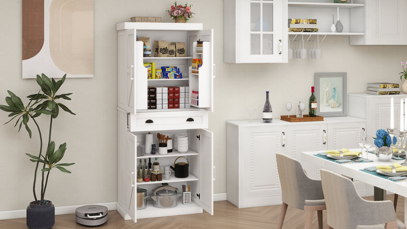 71" Kitchen Pantry Storage Cabinet with 4 Doors(2Doors with Racks)1 Drawer 2 Adjustable Shelves Freestanding Cupboard