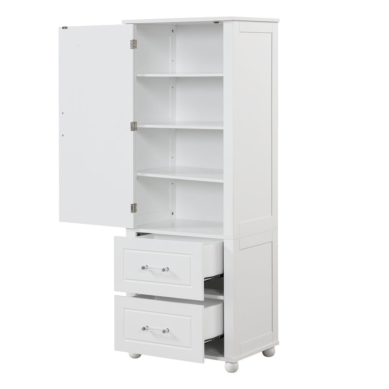 Tall Bathroom Storage Cabinet, Freestanding Storage Cabinet with Two Drawers and Adjustable Shelf, MDF Board  White
