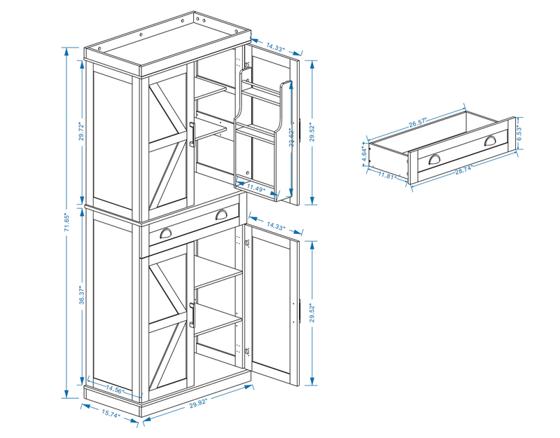 71" Kitchen Pantry Storage Cabinet with 4 Doors(2Doors with Racks)1 Drawer 2 Adjustable Shelves Freestanding Cupboard
