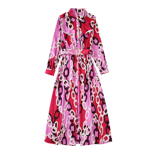 Women's Fall New Chain Print With Belted Shirt Dress