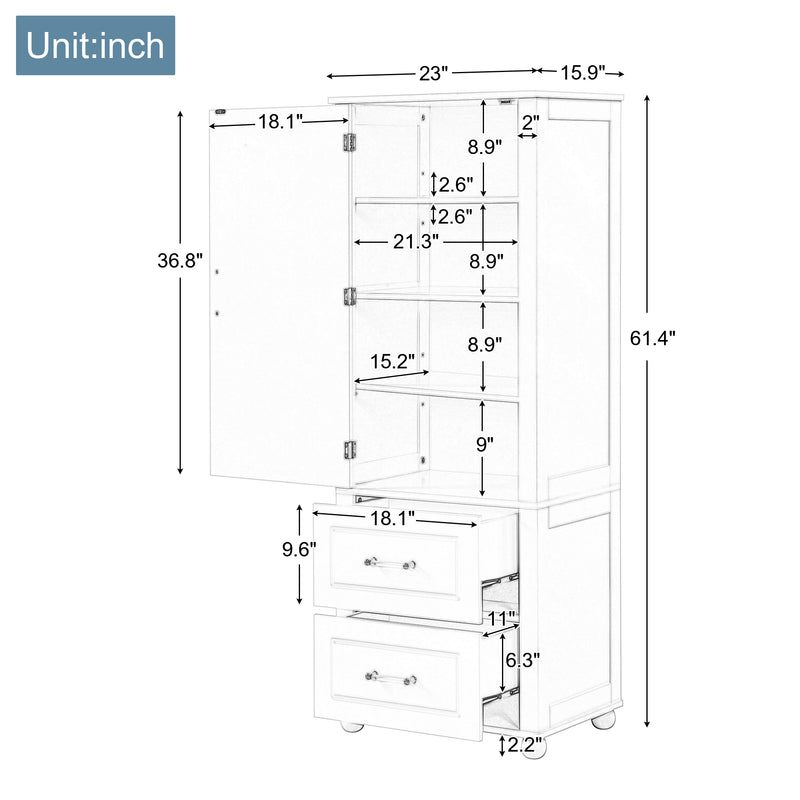 Tall Bathroom Storage Cabinet, Freestanding Storage Cabinet with Two Drawers and Adjustable Shelf, MDF Board  White