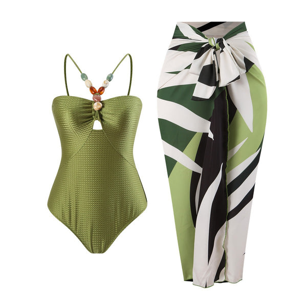 Women's one-piece swimsuit multi-color hollow gem suspender French two-piece long skirt swimsuit bikini
