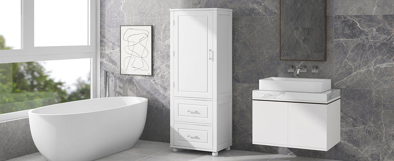Tall Bathroom Storage Cabinet, Freestanding Storage Cabinet with Two Drawers and Adjustable Shelf, MDF Board  White