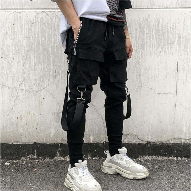 Side Pockets Chinos Men's Hip Hop Cargo Ripped Joggers Trousers