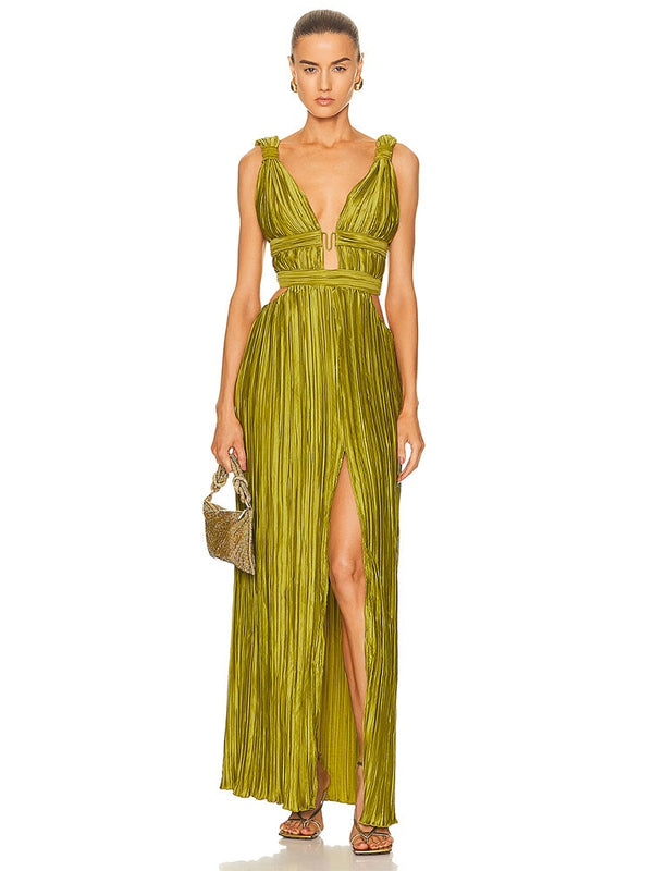 Sleeveless V Neck Hollow Out Long Dress