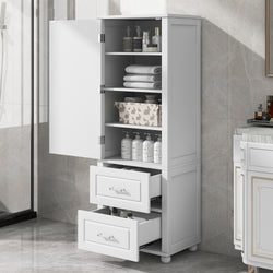 Tall Bathroom Storage Cabinet, Freestanding Storage Cabinet with Two Drawers and Adjustable Shelf, MDF Board  White