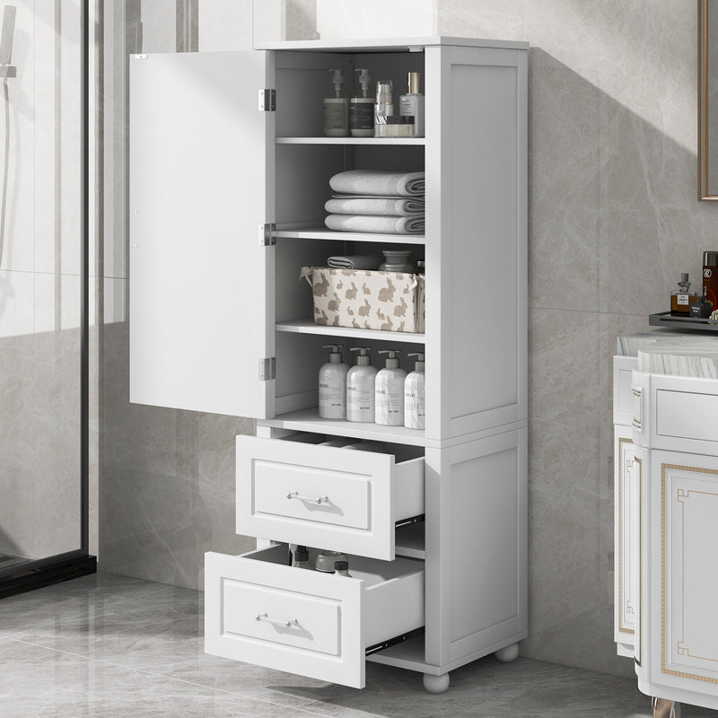 Tall Bathroom Storage Cabinet, Freestanding Storage Cabinet with Two Drawers and Adjustable Shelf, MDF Board  White